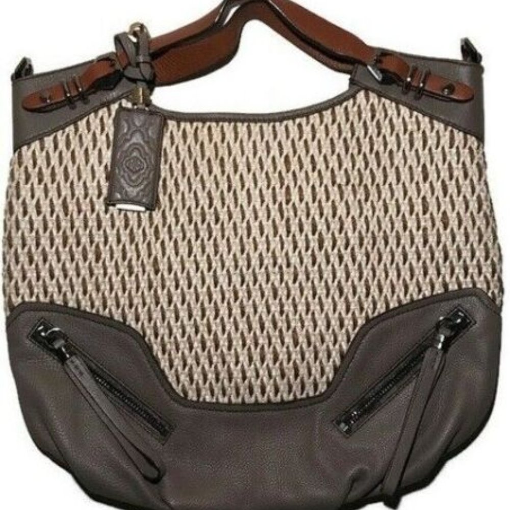orYANY REGINA RAFFIA & LEATHER BROWN GRAY LARGE CONVERTIBLE SATCHEL BAG NWT